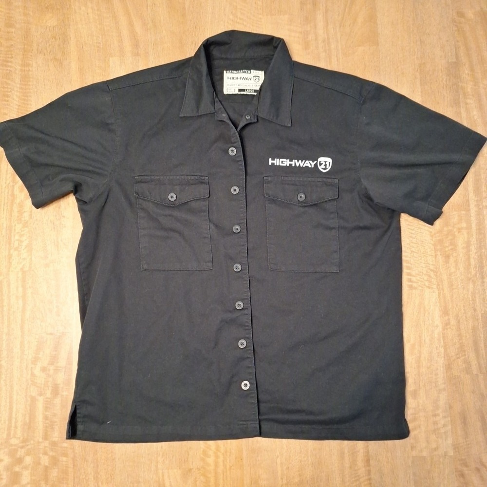 Highway 21 Motorcycle Button Work Shirt Mens Size L Black Short Sleeve Mechanic